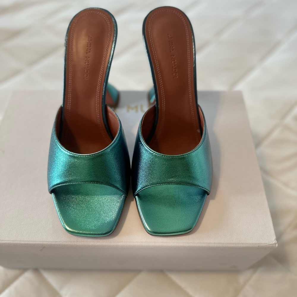 Amina Muaddi Green Mules with Modern Elegance